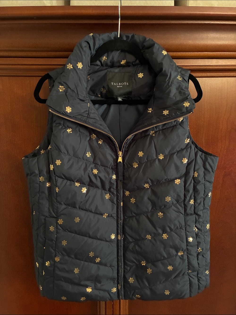 Talbots Navy Quilted Puffer Vest with Gold Star Accents